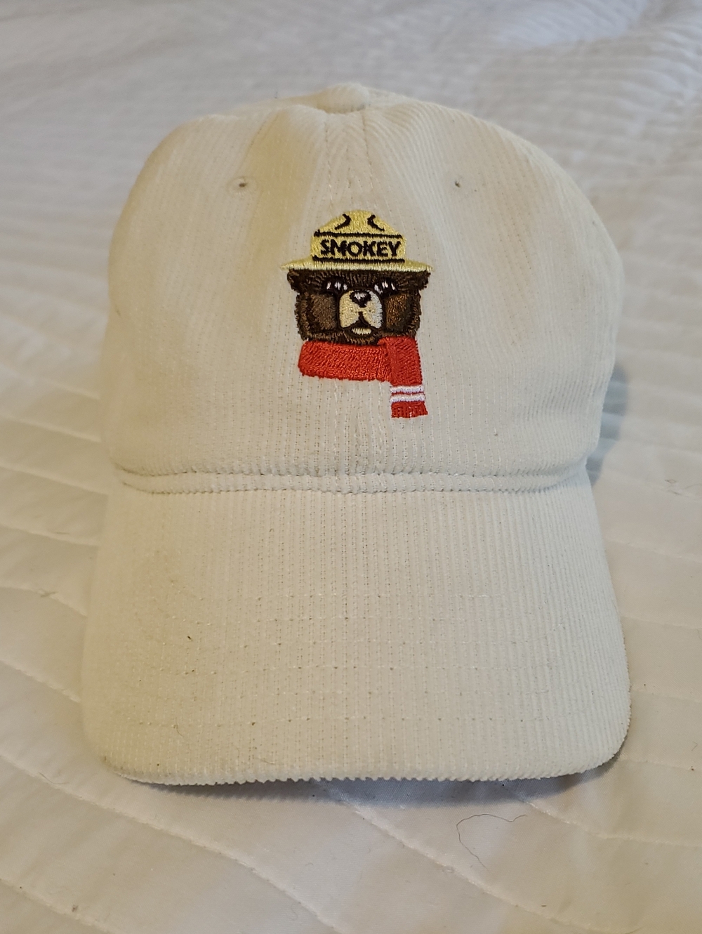 MAD Engine Cream Baseball Cap with Embroidered Smokey Bear Patch and Red Scarf
